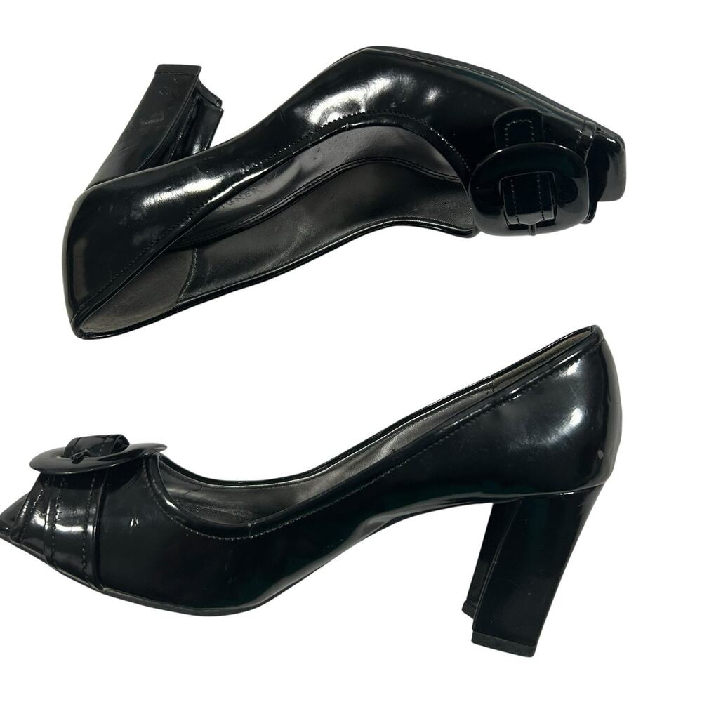 Etienne Aigner Black Patent Peep Toe Buckle Block Heel Pumps 7.5 - Picture 4 of 8